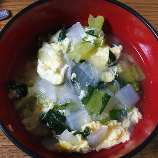小松菜と新玉ねぎの卵とじスープ